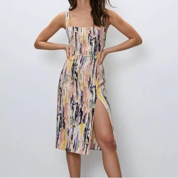 Aritzia Babaton Avenir Square Neck Sleeveless Midi Dress size 4 Watercolors Thig - Picture 1 of 13